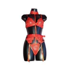 3 piece red lace lingerie set